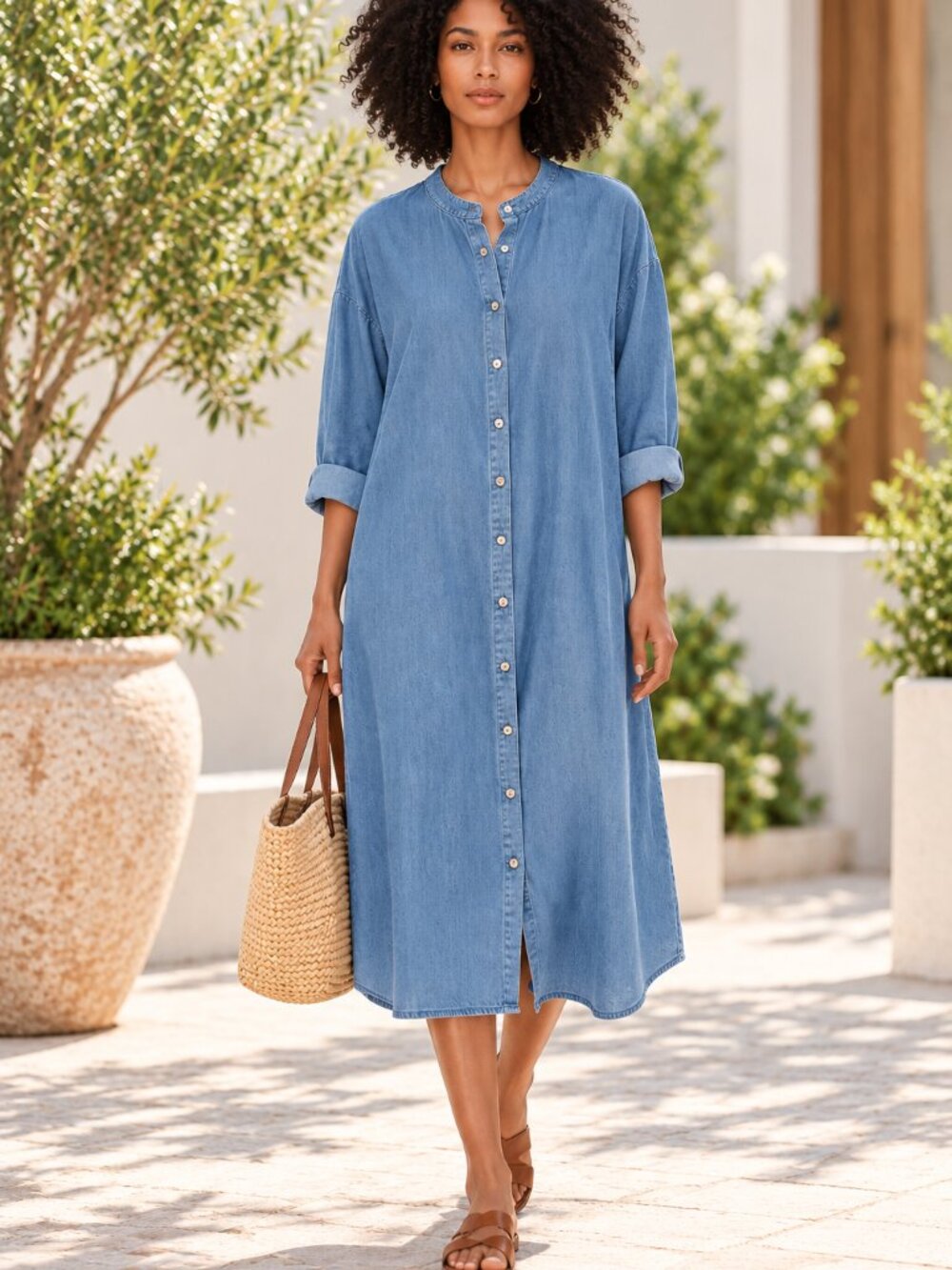 Eileen Fisher Organic Cotton Drapery Denim Mandarin Collar Midi Shirt Dress 1X